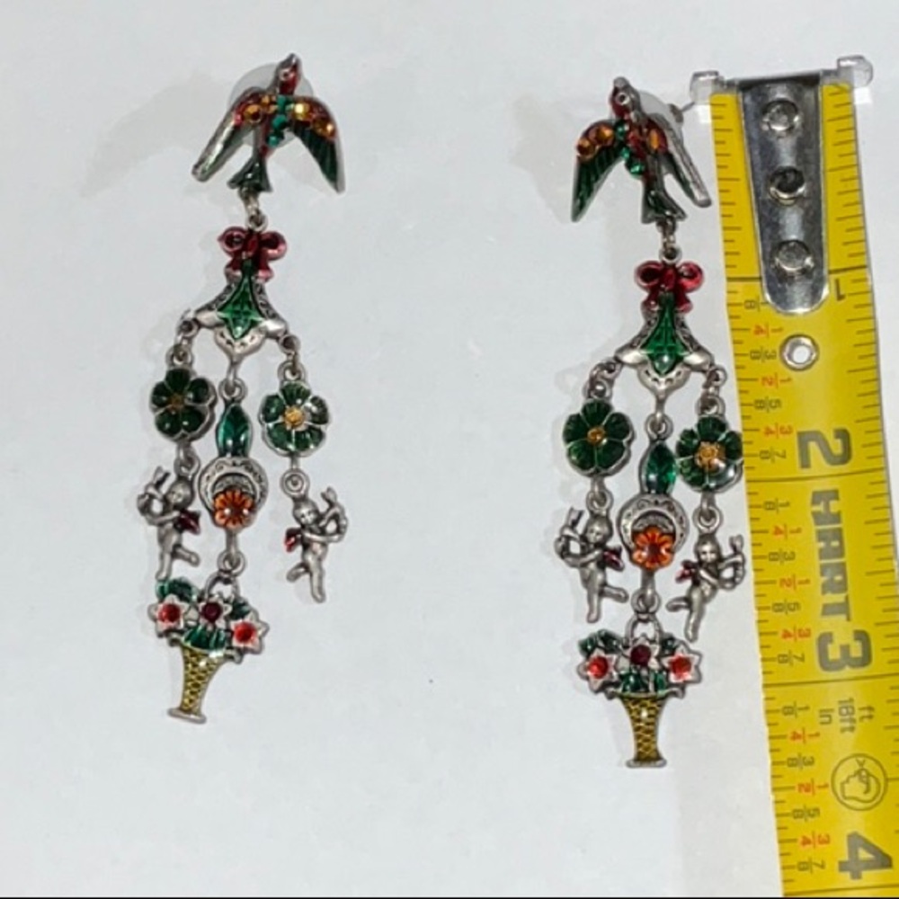 Vintage Don-Lin Chandelier Earrings Angels Enamel Rhinestone Dangle Statement - Picture 12 of 15